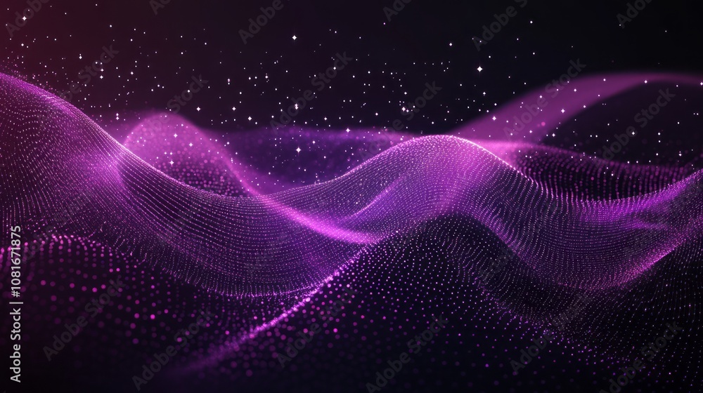 Poster digital new year background featuring a flowing wave of purple particles with shimmering light effec