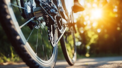 Naklejka premium A cyclist's chain and gears in motion, outdoor setting with blurred background, Adventurous style