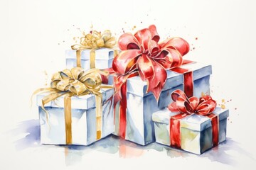 Fototapeta premium Design a watercolor graphic featuring an elegant Christmas present arrangement with flowing brushstrokes The wrapped gifts