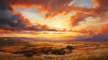 Frontal view of a dramatic sunset above rolling hills, brilliant reds and golds streak the sky, soft light casting long shadows, painted in rich, textured oil