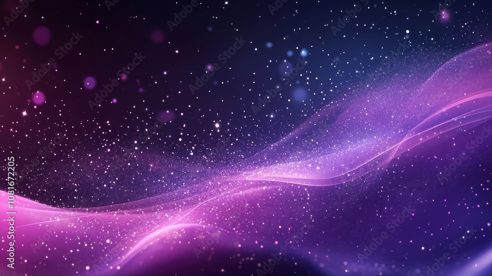 Poster digital new year background featuring a flowing wave of purple particles with shimmering light effec