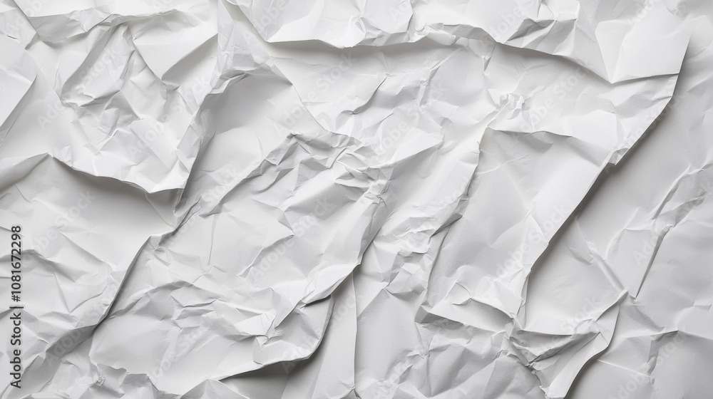 Poster a close-up of crumpled white paper, showcasing its textured surface and varied light reflections, em
