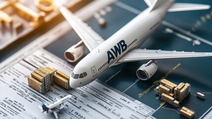 Air freight bill action with awb document and cargo aviation logistics indoor office environment high-detail perspective