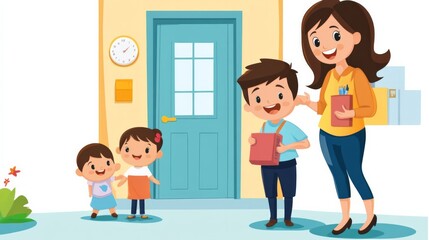 A woman is standing in front of a door with a child