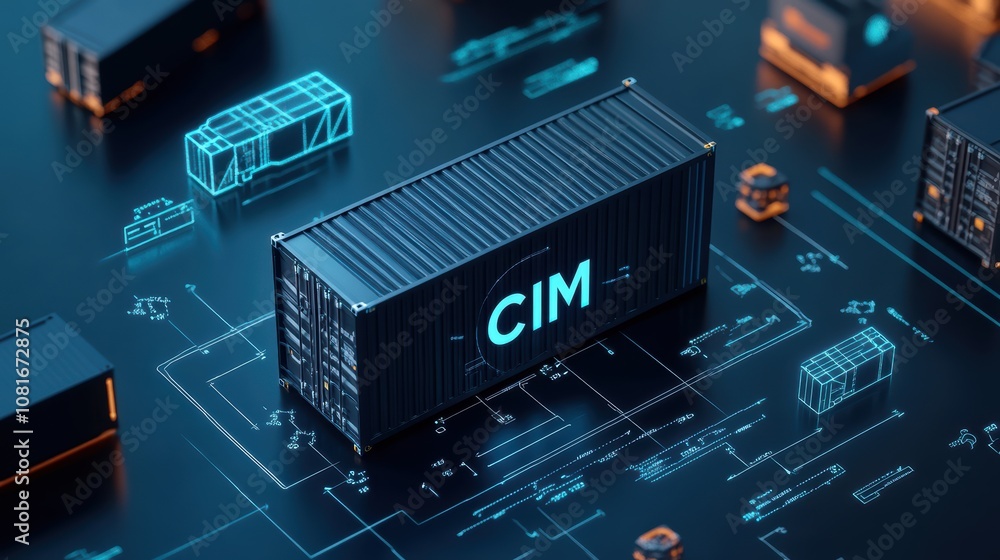 Poster intermodal shipping container with cim text digital blueprint environment high-tech visualization ur