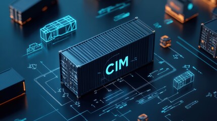 Intermodal shipping container with cim text digital blueprint environment high-tech visualization urban concept