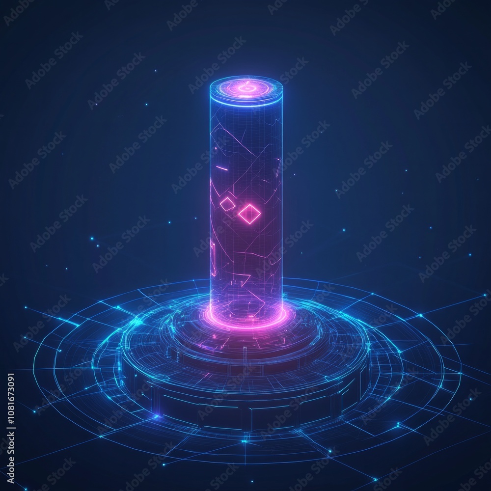 Poster a glowing blue and red object with a square on top