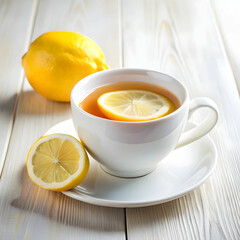 Lemon Tea in White Cup with Fresh Lemon Slice