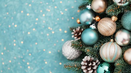 Christmas tree ornaments on a blue background with copy space.