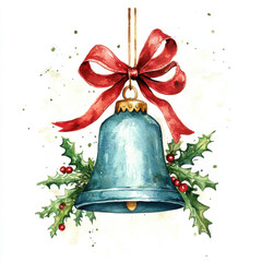 beautiful blue bell adorned with red ribbon and holly leaves, perfect for festive decorations