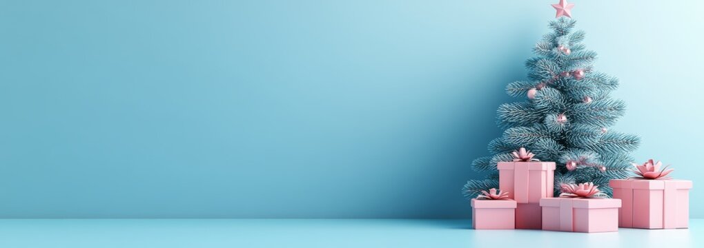 3D Christmas tree and gift boxes on blue background in minimalistic style with cute pink color scheme, simple 2D shapes.