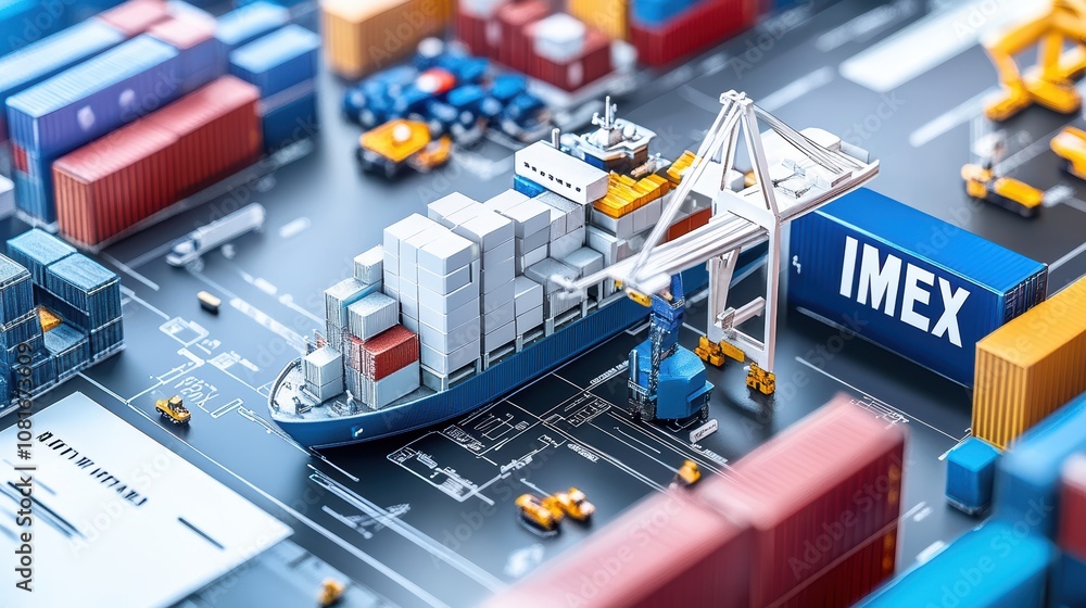 Poster shipping action with imex documentation port setting 3d model industrial environment aerial viewpoin