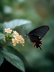 Close-up image of a black butterfly with orange spots feeding on light orange flowers, surrounded by soft green foliage in a peaceful garden.