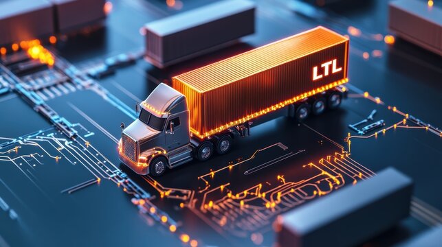Transportation action ltl truck model amidst digital circuitry background industrial setting close-up view for logistics optimization