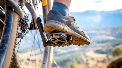 Naklejka premium A cyclist's shoes clipped into pedals, outdoor setting with mountain backdrop, Adventurous style