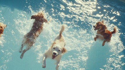 Three dogs are swimming in a pool