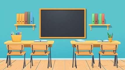 illustration of a classroom featuring desks, chairs, and a chalkboard, perfect for educational content and school graphics.