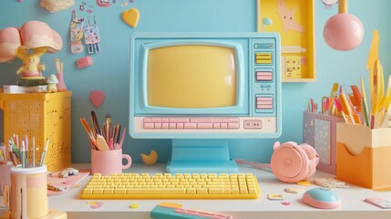 A retro computer with a yellow keyboard and a pink mouse sits on a desk with a blue and yellow color scheme.