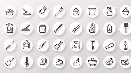 Minimalist Cleaning Supplies Icons with Monochrome Line Drawings of Household and Janitorial Tools V2