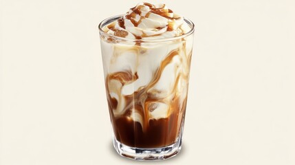 Iced coffee with caramel and whipped cream.