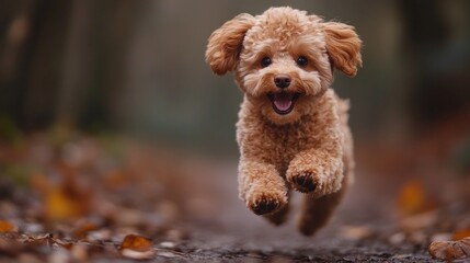 A small dog is running through the woods