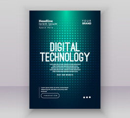 Obraz premium Poster brochure cover banner presentation layout template, Technology digital futuristic internet network green blue gradient background, Abstract cyber future tech, Ai big data business flyer vector