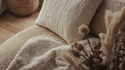 A white pillow is on a couch