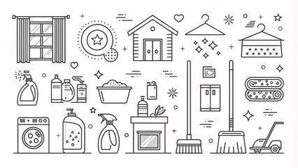 Minimalist Line Art Icons of House Cleaning & Domestic Chores with Cute Hygiene Symbols V1