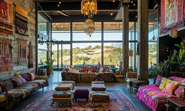 Bohemian hotel lobby with vibrant textiles, eclectic decor, and a view of a lush garden