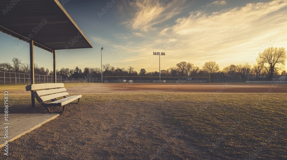Poster a deserted baseball field with neatly raked infield dirt and an empty dugout, serene twilight sky ca