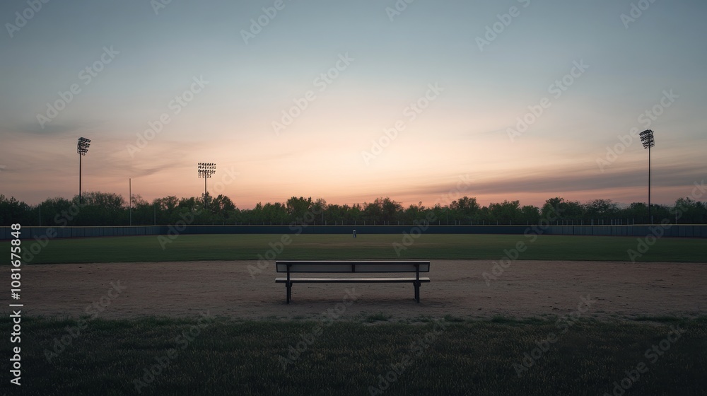 Aufkleber a deserted baseball field with neatly raked infield dirt and an empty dugout, serene twilight sky ca