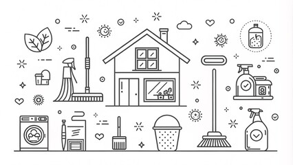 Obraz premium Minimalist Line Art Icons of House Cleaning & Domestic Chores with Cute Hygiene Symbols V3