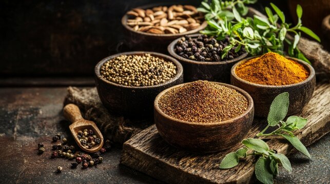 A wooden bowl with a spoon and a variety of spices including pepper, cumin