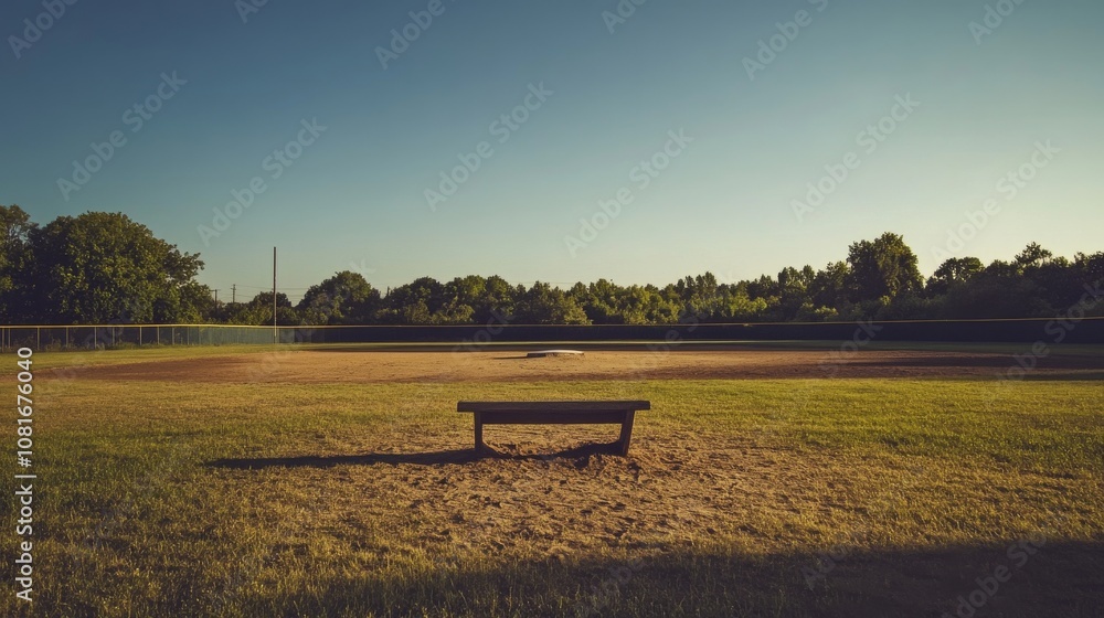 Aufkleber a deserted baseball field with neatly raked infield dirt and an empty dugout, serene twilight sky ca