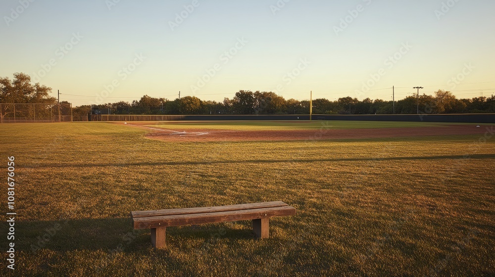Aufkleber a deserted baseball field with neatly raked infield dirt and an empty dugout, serene twilight sky ca