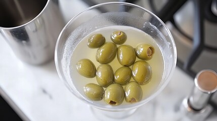 A glass of olive oil with a bunch of olives in it