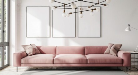 A pink velvet sofa with two blank frames on a concrete wall in a modern living room