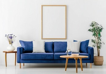 A light blue sofa with a white frame. a small plant in a white pot. and a wooden side table in a minimalist living room