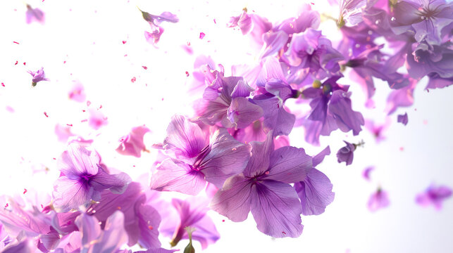 Luxurious pale pink flowers of mattiola dance in the air on a white background. Close-up of a flower with pink petals. A postcard for March 8th. The concept of beauty