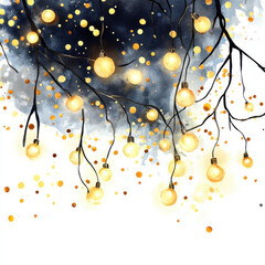 beautiful watercolor illustration of glowing string lights against dark background, creating warm and inviting atmosphere. Perfect for festive occasions