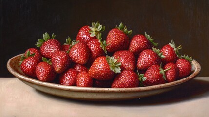 A plate of strawberries is on a table