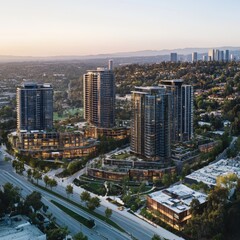 Fototapeta premium Aerial view of a modern urban development showcasing high-rise buildings and landscaped areas.