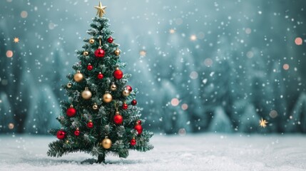 Obraz premium Decorated Christmas tree with red and gold ornaments against a snowy background.