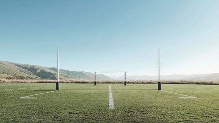 A deserted outdoor rugby field with goalposts and white lines, surrounded by rolling hills and a bright, clear sky