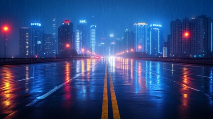 Obraz premium A city street with a large amount of rain