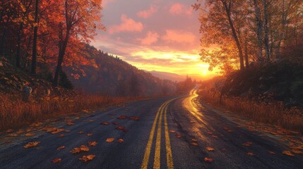 Naklejka premium A road with a yellow line and leaves on the ground