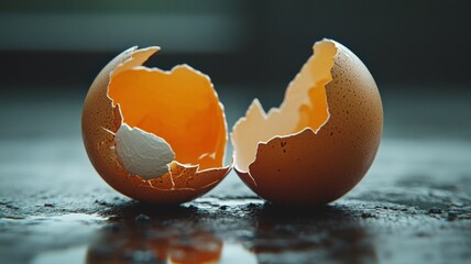 macro shot of cracked eggshells on a dark countertop