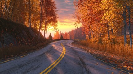 Fototapeta premium A road with yellow lines and a sunset in the background