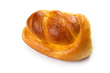 One sweet bun isolated on a white background. Fresh homemade pastries close-up.