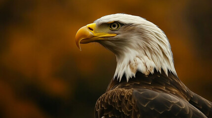 Obraz premium Close-up eagle side profile, striking feather textures, deep contrast lighting, blurred backdrop